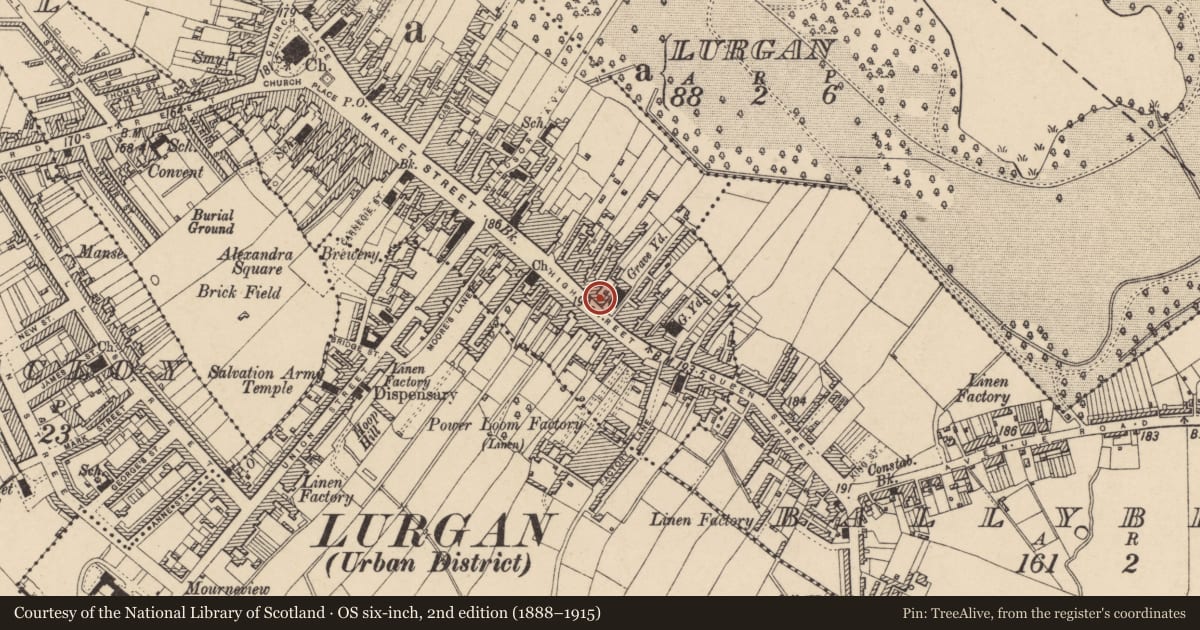 Ordnance Survey six-inch map, 2nd edition (1888–1915) covering the location of 60 High St., Armagh City, Banbridge and Craigavon, with a pin at the register's coordinates