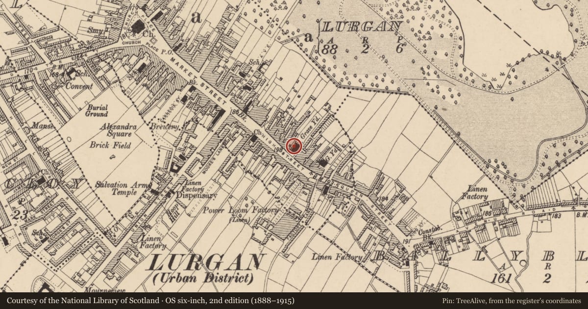 Ordnance Survey six-inch map, 2nd edition (1888–1915) covering the location of First Presbyterian Meeting House, Armagh City, Banbridge and Craigavon, with a pin at the register's coordinates