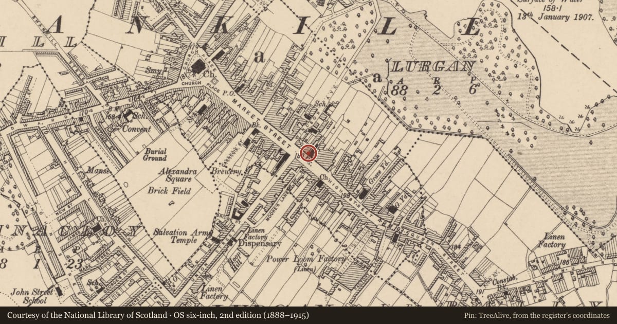 Ordnance Survey six-inch map, 2nd edition (1888–1915) covering the location of Former Northern Bank, Armagh City, Banbridge and Craigavon, with a pin at the register's coordinates