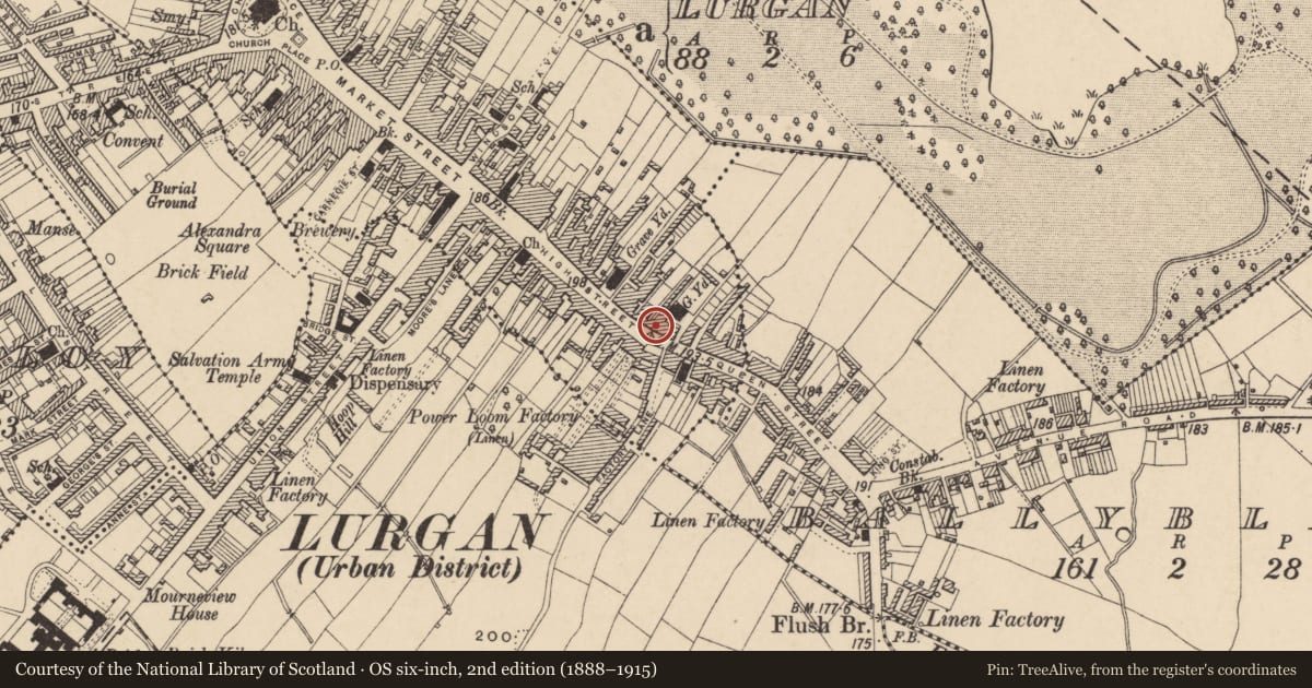 Ordnance Survey six-inch map, 2nd edition (1888–1915) covering the location of 82 High St., Armagh City, Banbridge and Craigavon, with a pin at the register's coordinates