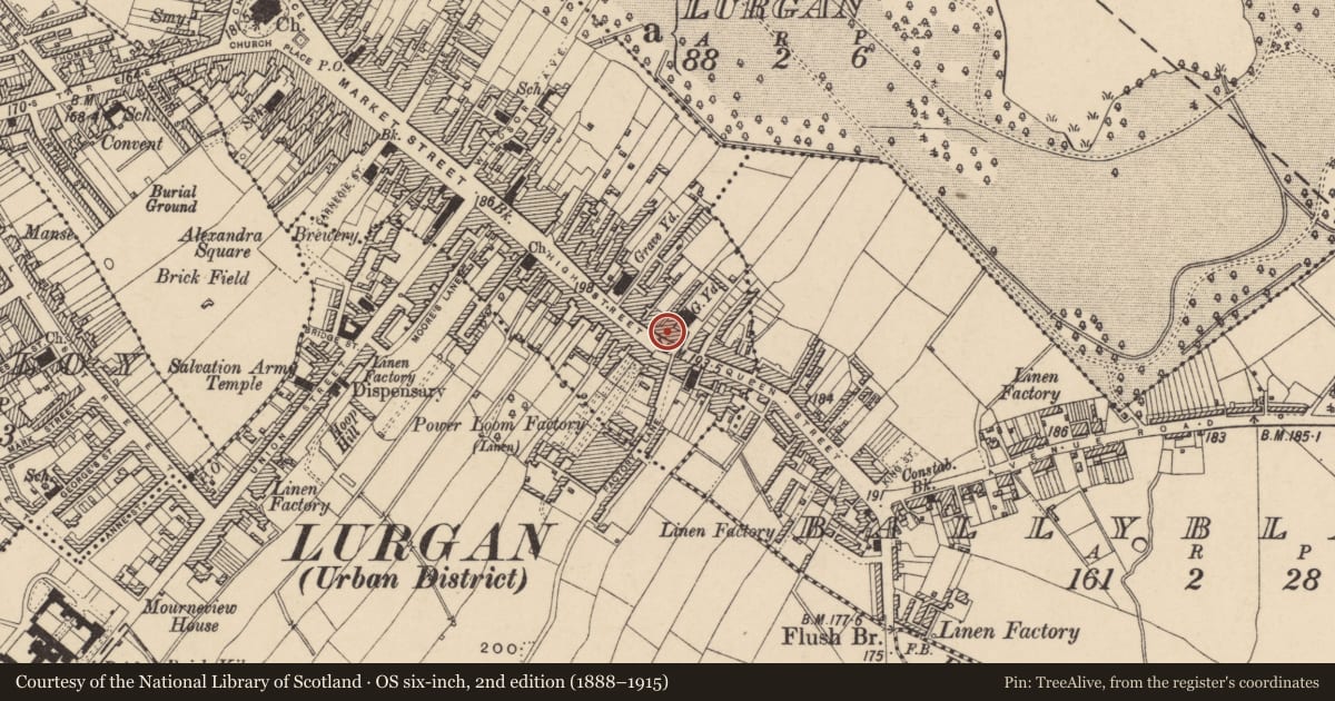 Ordnance Survey six-inch map, 2nd edition (1888–1915) covering the location of 84 High St., Armagh City, Banbridge and Craigavon, with a pin at the register's coordinates
