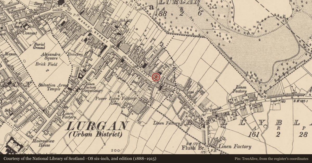 Ordnance Survey six-inch map, 2nd edition (1888–1915) covering the location of 86 High St., Armagh City, Banbridge and Craigavon, with a pin at the register's coordinates