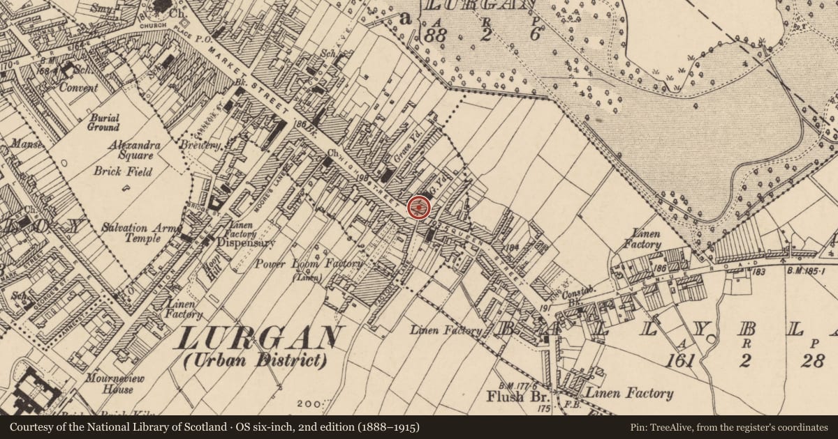 Ordnance Survey six-inch map, 2nd edition (1888–1915) covering the location of 88 High St., Armagh City, Banbridge and Craigavon, with a pin at the register's coordinates
