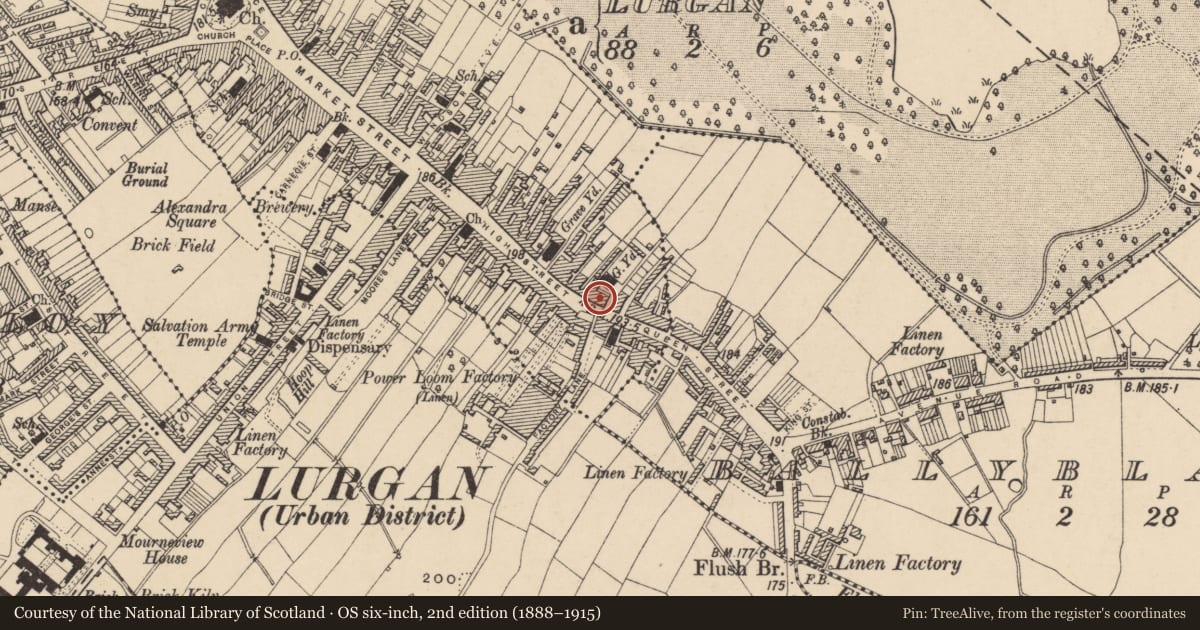 Ordnance Survey six-inch map, 2nd edition (1888–1915) covering the location of 90 High St., Armagh City, Banbridge and Craigavon, with a pin at the register's coordinates