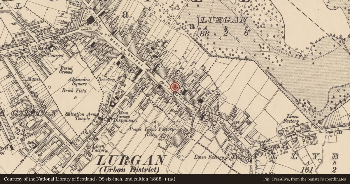 Ordnance Survey six-inch map, 2nd edition (1888–1915) covering the location of 52 High St., Armagh City, Banbridge and Craigavon, with a pin at the register's coordinates