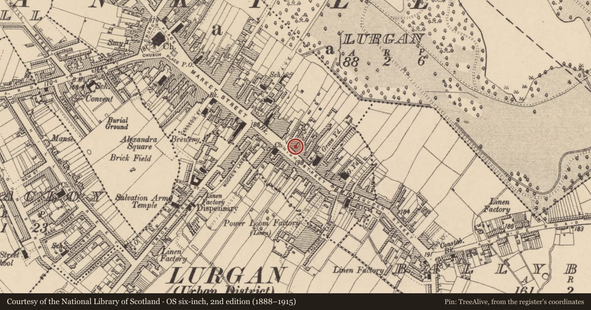 Ordnance Survey six-inch map, 2nd edition (1888–1915) covering the location of 48 High St., Armagh City, Banbridge and Craigavon, with a pin at the register's coordinates