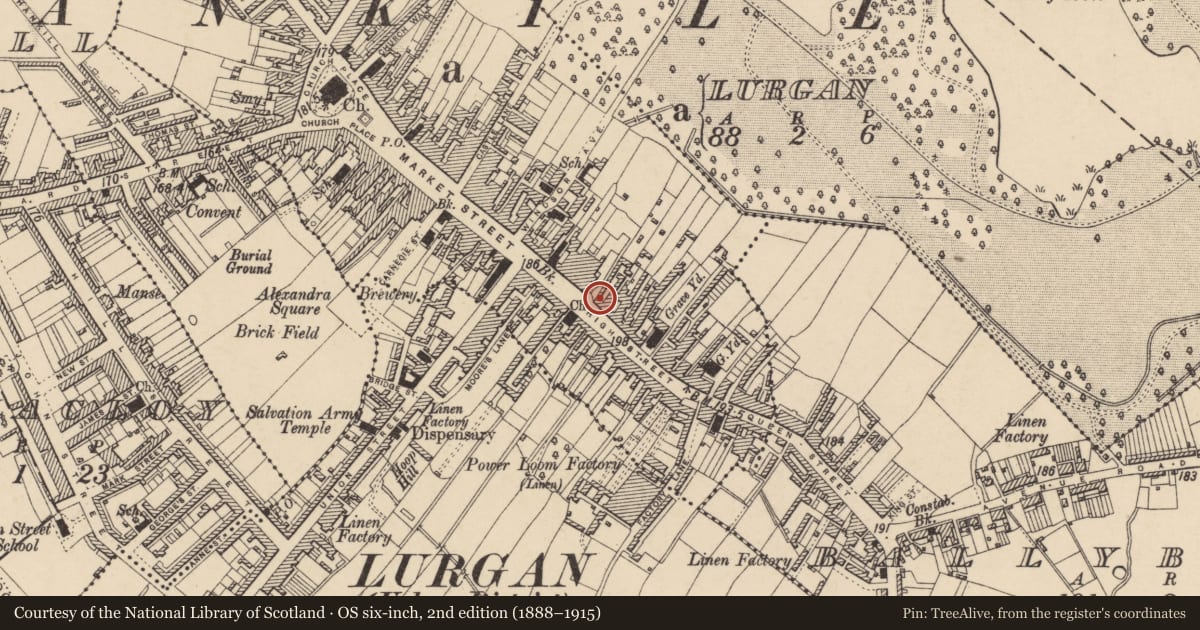 Ordnance Survey six-inch map, 2nd edition (1888–1915) covering the location of 42 High St., Armagh City, Banbridge and Craigavon, with a pin at the register's coordinates