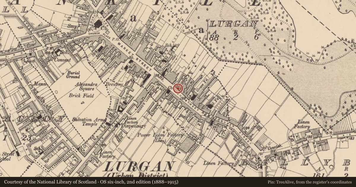 Ordnance Survey six-inch map, 2nd edition (1888–1915) covering the location of 46 High St., Armagh City, Banbridge and Craigavon, with a pin at the register's coordinates