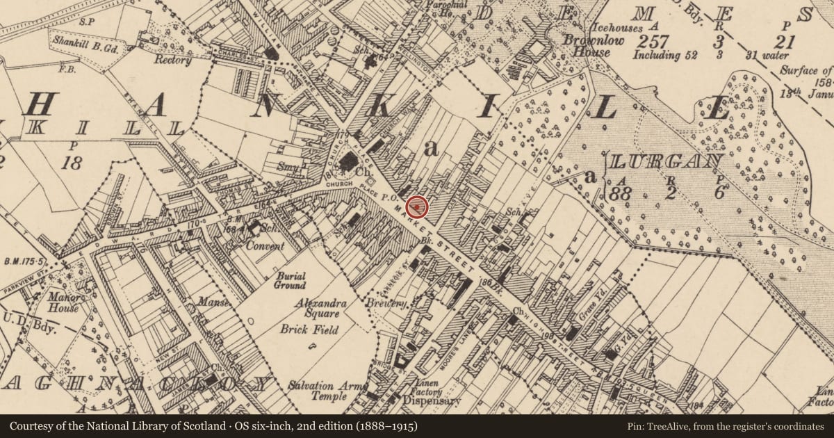Ordnance Survey six-inch map, 2nd edition (1888–1915) covering the location of Ulster Bank, Armagh City, Banbridge and Craigavon, with a pin at the register's coordinates