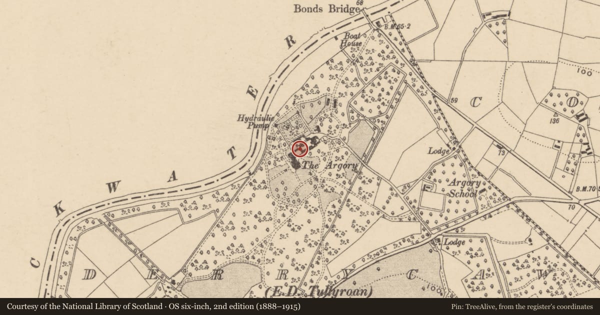 Ordnance Survey six-inch map, 2nd edition (1888–1915) covering the location of The Argory, Armagh City, Banbridge and Craigavon, with a pin at the register's coordinates