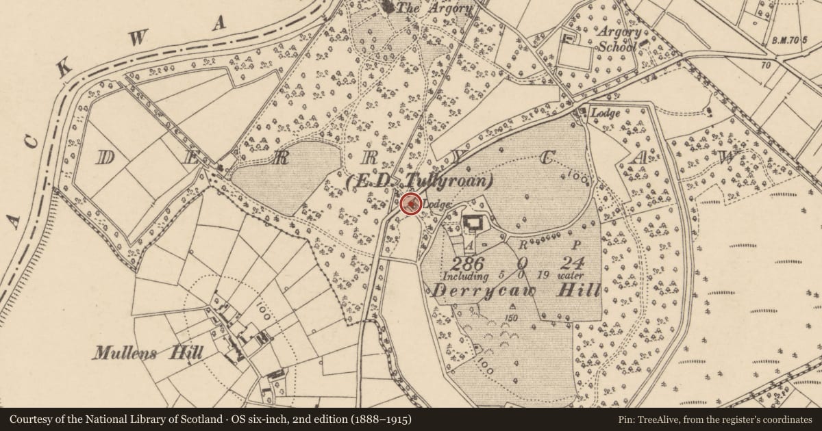 Ordnance Survey six-inch map, 2nd edition (1888–1915) covering the location of South Lodge At The Argory, Armagh City, Banbridge and Craigavon, with a pin at the register's coordinates
