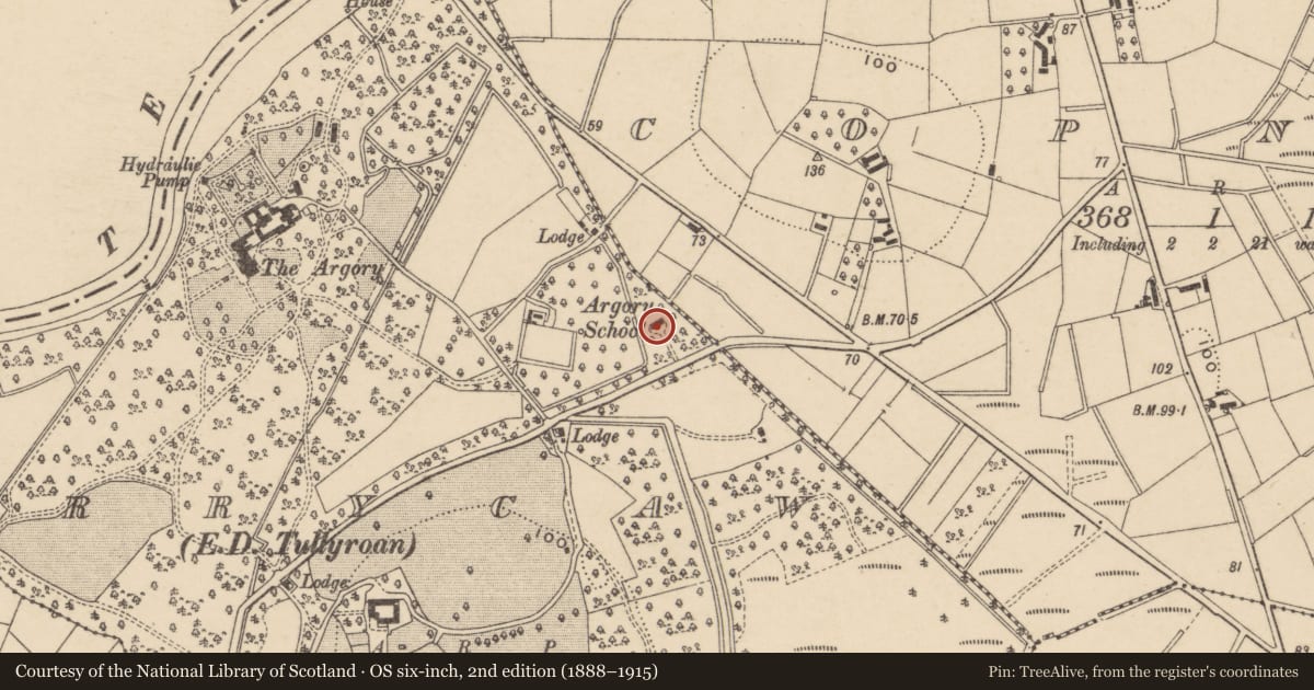 Ordnance Survey six-inch map, 2nd edition (1888–1915) covering the location of Sunday School At The Argory, Armagh City, Banbridge and Craigavon, with a pin at the register's coordinates