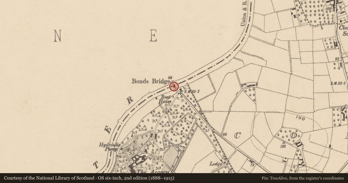 Ordnance Survey six-inch map, 2nd edition (1888–1915) covering the location of Bond'S Bridge, Armagh City, Banbridge and Craigavon, with a pin at the register's coordinates