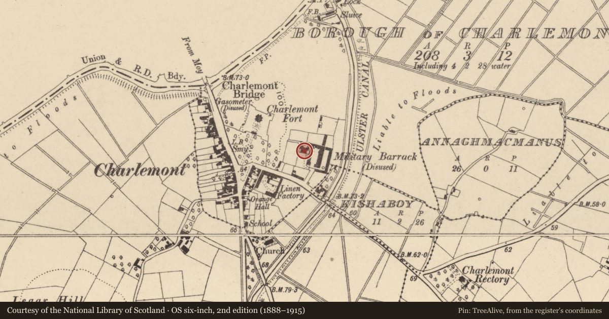 Ordnance Survey six-inch map, 2nd edition (1888–1915) covering the location of Charlemont Cottage, Armagh City, Banbridge and Craigavon, with a pin at the register's coordinates