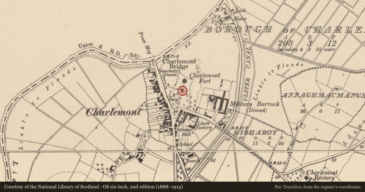 Ordnance Survey six-inch map, 2nd edition (1888–1915) covering the location of Gates/Screens/Lodges, Armagh City, Banbridge and Craigavon, with a pin at the register's coordinates