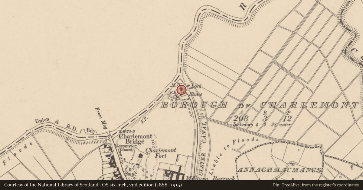 Ordnance Survey six-inch map, 2nd edition (1888–1915) covering the location of Lock House, Armagh City, Banbridge and Craigavon, with a pin at the register's coordinates