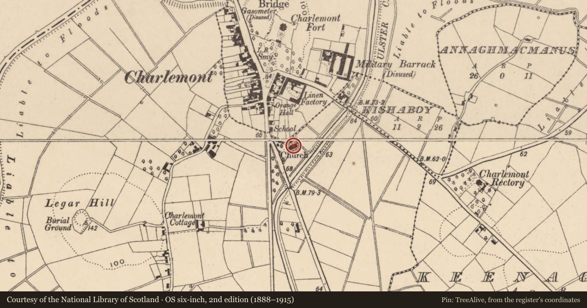 Ordnance Survey six-inch map, 2nd edition (1888–1915) covering the location of Church Of Ireland Church, Armagh City, Banbridge and Craigavon, with a pin at the register's coordinates