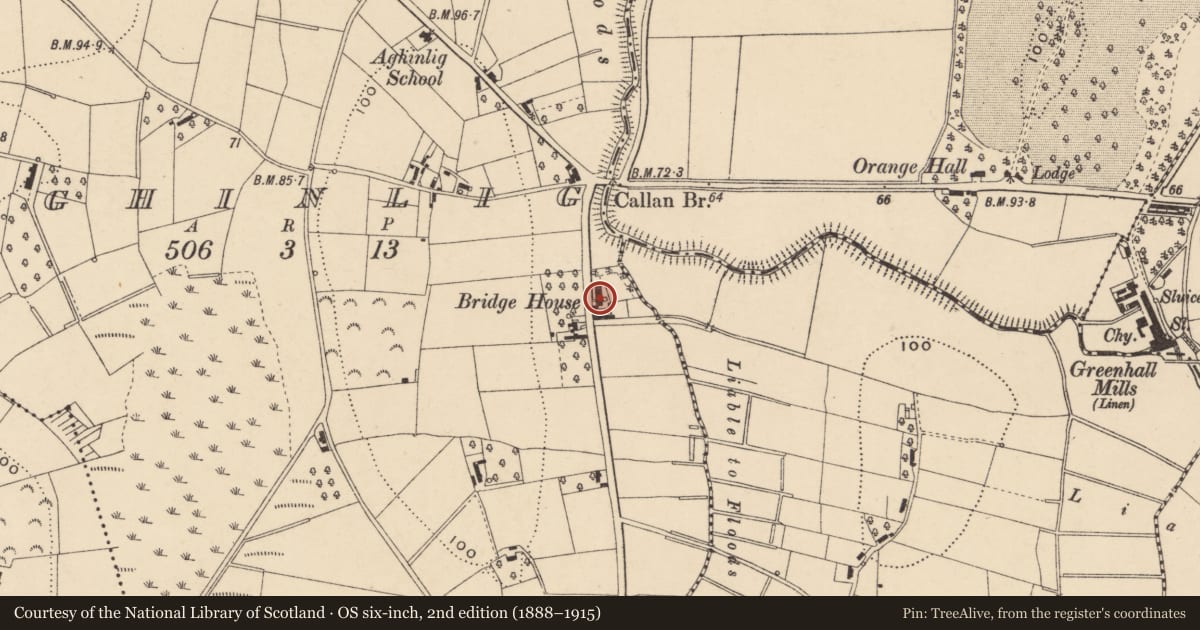Ordnance Survey six-inch map, 2nd edition (1888–1915) covering the location of Bridge House, Aghinlig, Armagh City, Banbridge and Craigavon, with a pin at the register's coordinates