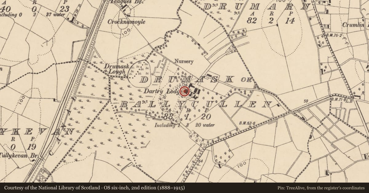 Ordnance Survey six-inch map, 2nd edition (1888–1915) covering the location of Dartry Lodge, Armagh City, Banbridge and Craigavon, with a pin at the register's coordinates