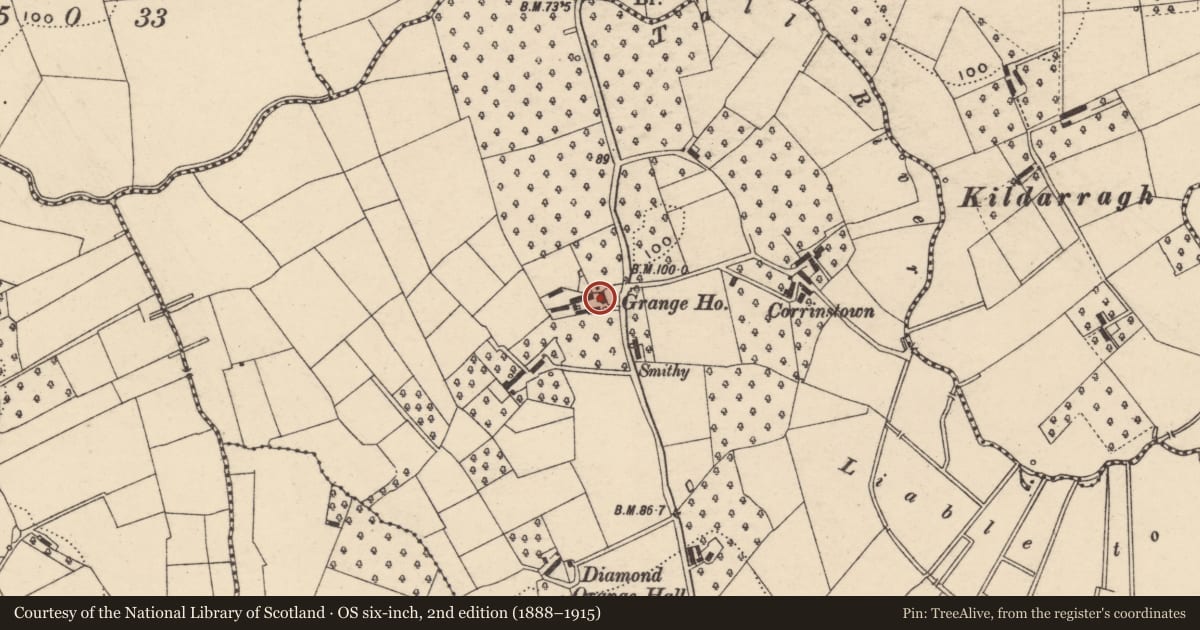 Ordnance Survey six-inch map, 2nd edition (1888–1915) covering the location of Grange House, Armagh City, Banbridge and Craigavon, with a pin at the register's coordinates