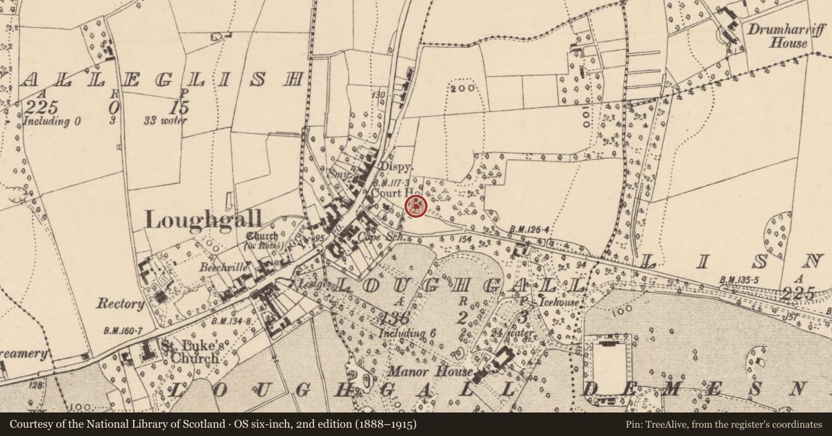 Ordnance Survey six-inch map, 2nd edition (1888–1915) covering the location of 2 Manor Farm, Loughgall, with a pin at the register's coordinates