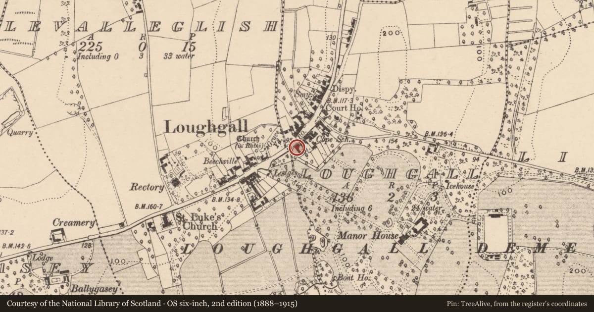 Ordnance Survey six-inch map, 2nd edition (1888–1915) covering the location of 47 Main Street, Loughgall, Armagh City, Banbridge and Craigavon, with a pin at the register's coordinates