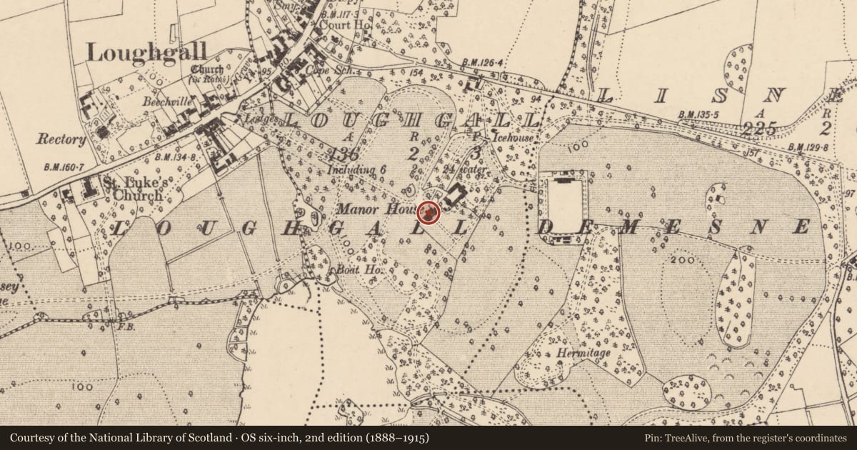 Ordnance Survey six-inch map, 2nd edition (1888–1915) covering the location of Manor House, Loughgall, Armagh City, Banbridge and Craigavon, with a pin at the register's coordinates