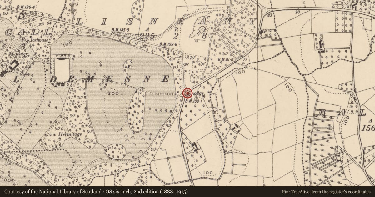 Ordnance Survey six-inch map, 2nd edition (1888–1915) covering the location of Former gate lodge, Lisneany, Armagh City, Banbridge and Craigavon, with a pin at the register's coordinates