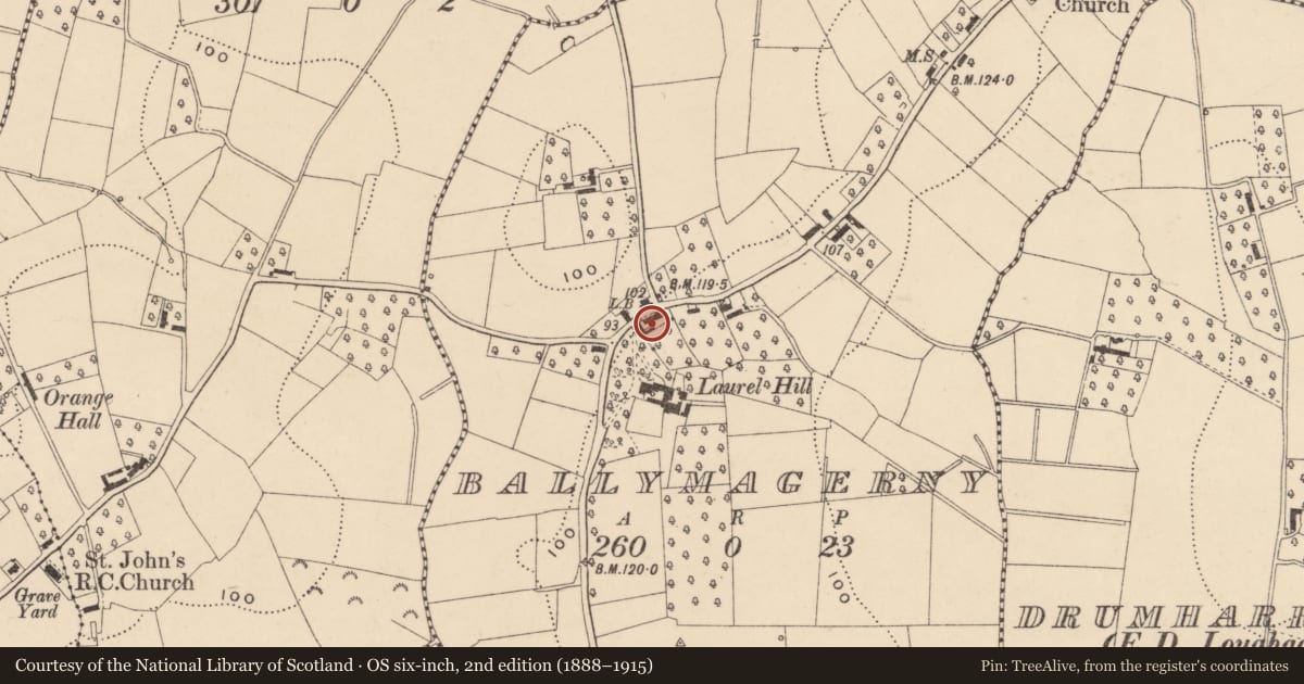 Ordnance Survey six-inch map, 2nd edition (1888–1915) covering the location of 15 Ballymagerny Road, Armagh City, Banbridge and Craigavon, with a pin at the register's coordinates
