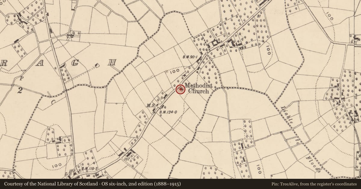 Ordnance Survey six-inch map, 2nd edition (1888–1915) covering the location of Former Methodist Church, Ballymagerny, Armagh City, Banbridge and Craigavon, with a pin at the register's coordinates