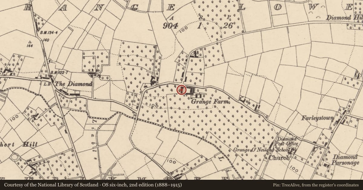 Ordnance Survey six-inch map, 2nd edition (1888–1915) covering the location of Grange Farm, Armagh City, Banbridge and Craigavon, with a pin at the register's coordinates