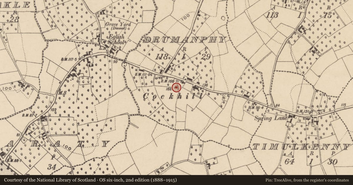 Ordnance Survey six-inch map, 2nd edition (1888–1915) covering the location of Cockhill Windmill, Armagh City, Banbridge and Craigavon, with a pin at the register's coordinates
