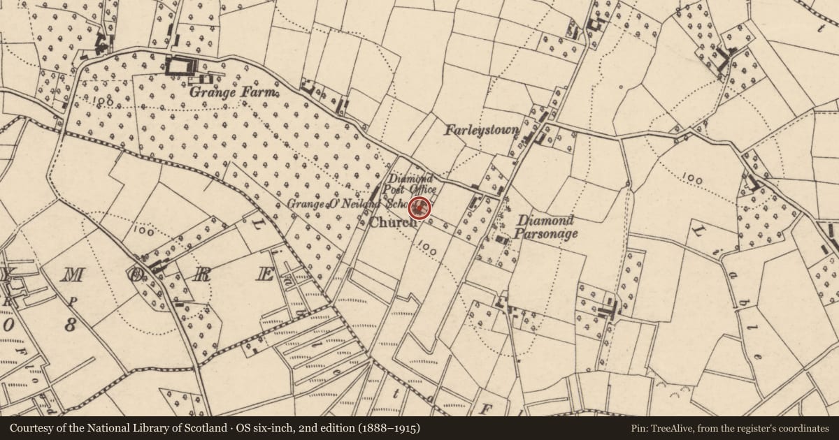 Ordnance Survey six-inch map, 2nd edition (1888–1915) covering the location of Grange O'Neiland School, Grange Lower, Armagh City, Banbridge and Craigavon, with a pin at the register's coordinates