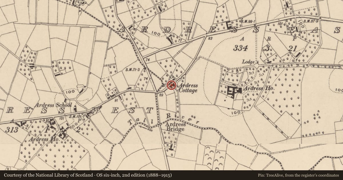 Ordnance Survey six-inch map, 2nd edition (1888–1915) covering the location of Ardress Cottage, with a pin at the register's coordinates