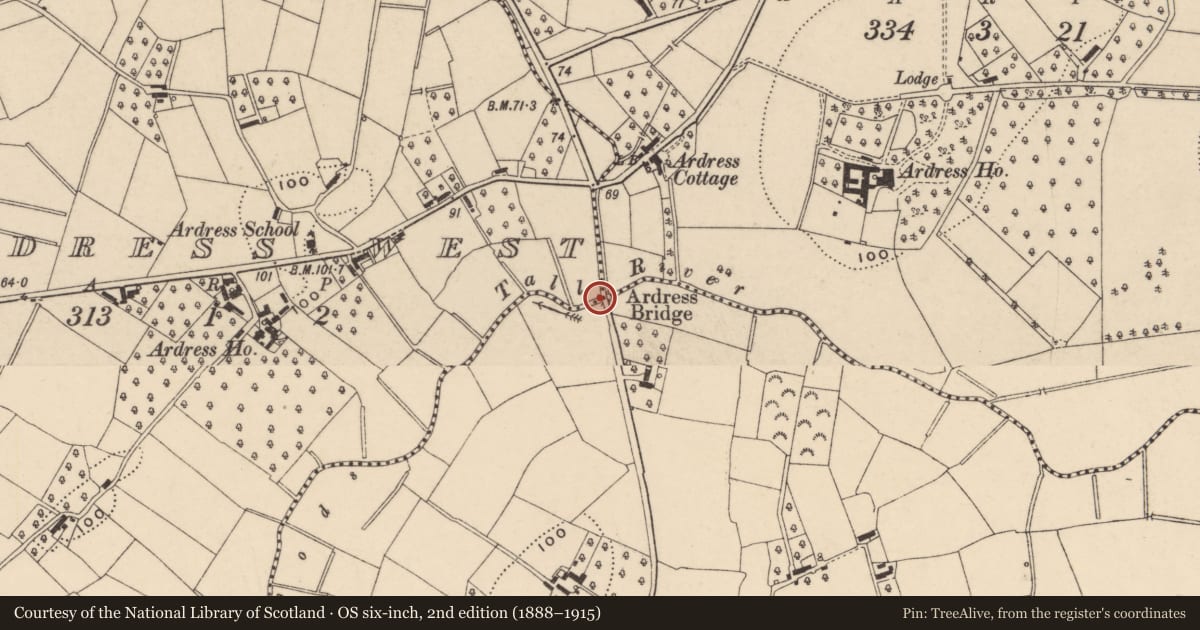 Ordnance Survey six-inch map, 2nd edition (1888–1915) covering the location of Ardress Bridge, Derrycrew, Armagh City, Banbridge and Craigavon, with a pin at the register's coordinates