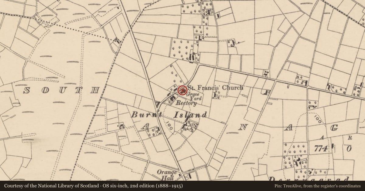 Ordnance Survey six-inch map, 2nd edition (1888–1915) covering the location of St Francis' Chuch of Ireland Church, Annaghmore, Armagh City, Banbridge and Craigavon, with a pin at the register's coordinates