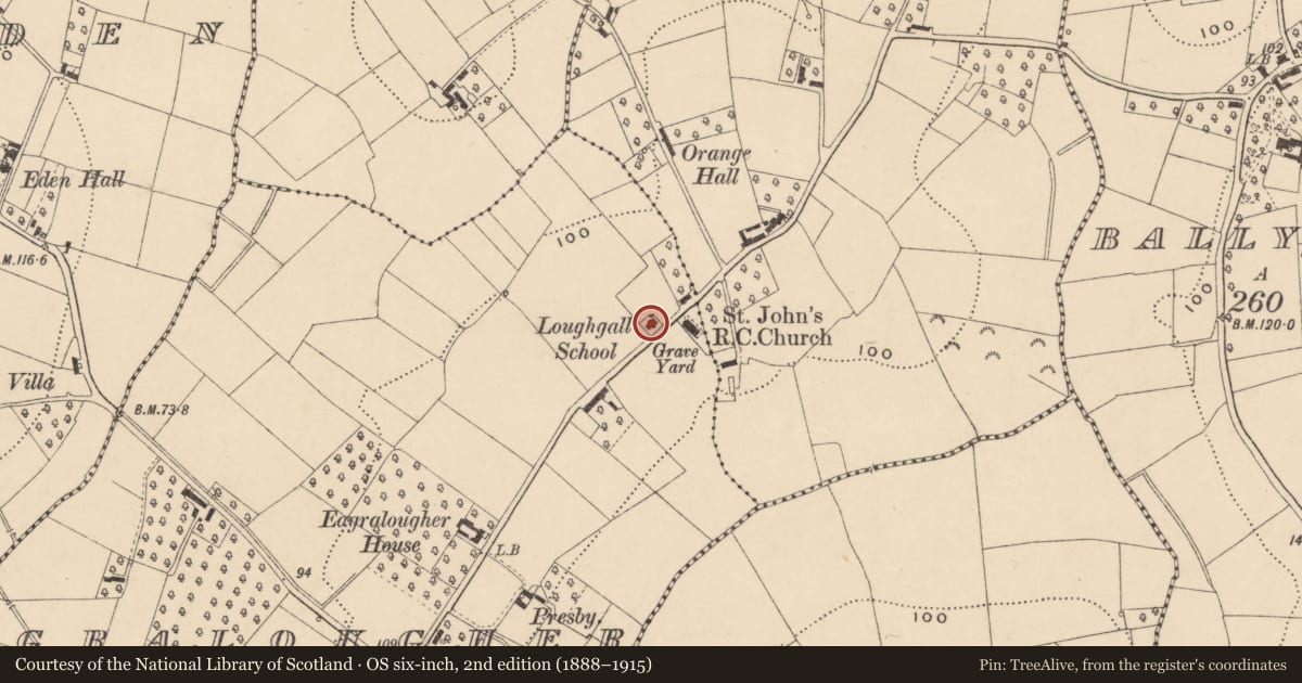 Ordnance Survey six-inch map, 2nd edition (1888–1915) covering the location of Loughgall National School, Eagraloughe, Armagh City, Banbridge and Craigavon, with a pin at the register's coordinates
