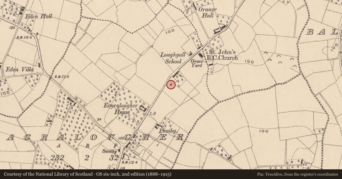 Ordnance Survey six-inch map, 2nd edition (1888–1915) covering the location of St Patrick's Roman Catholic Church, Eagralougher, Armagh City, Banbridge and Craigavon, with a pin at the register's coordinates
