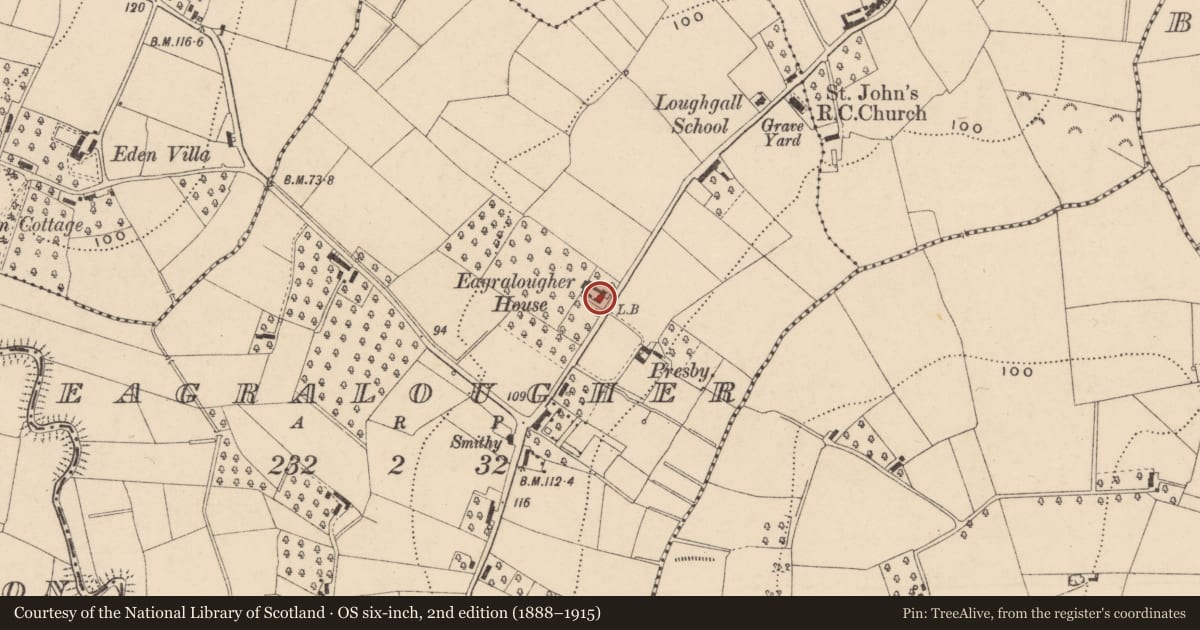 Ordnance Survey six-inch map, 2nd edition (1888–1915) covering the location of Eagralougher House, with a pin at the register's coordinates