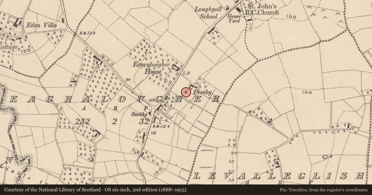 Ordnance Survey six-inch map, 2nd edition (1888–1915) covering the location of 7 Eagralougher Road, with a pin at the register's coordinates