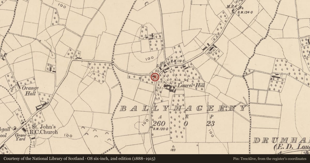 Ordnance Survey six-inch map, 2nd edition (1888–1915) covering the location of 57 Eagralougher Road, Ballymagerny, Armagh City, Banbridge and Craigavon, with a pin at the register's coordinates