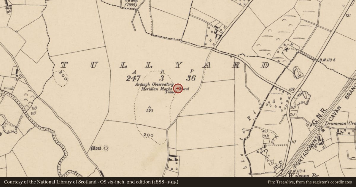 Ordnance Survey six-inch map, 2nd edition (1888–1915) covering the location of Meridian Sitings, Armagh City, Banbridge and Craigavon, with a pin at the register's coordinates