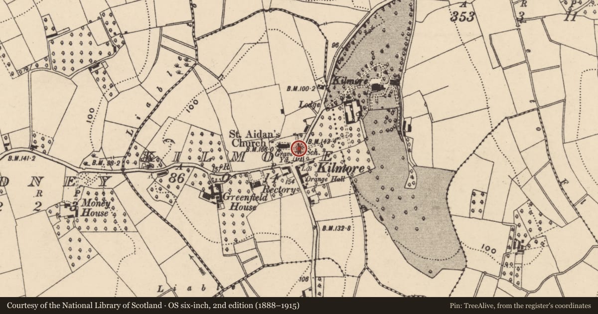 Ordnance Survey six-inch map, 2nd edition (1888–1915) covering the location of Kilmore School, Armagh City, Banbridge and Craigavon, with a pin at the register's coordinates