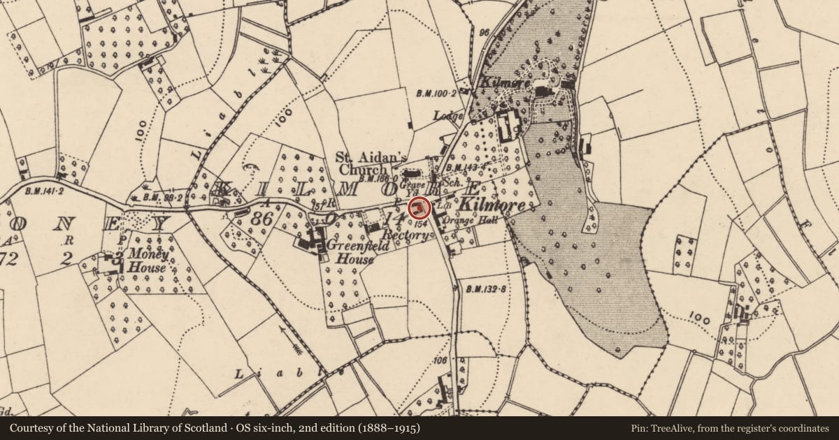 Ordnance Survey six-inch map, 2nd edition (1888–1915) covering the location of 66 Kilmore Road, Armagh City, Banbridge and Craigavon, with a pin at the register's coordinates