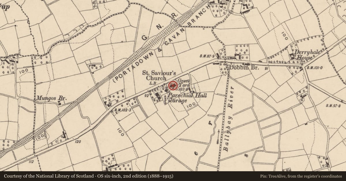 Ordnance Survey six-inch map, 2nd edition (1888–1915) covering the location of St. Saviour'S Church, Armagh City, Banbridge and Craigavon, with a pin at the register's coordinates