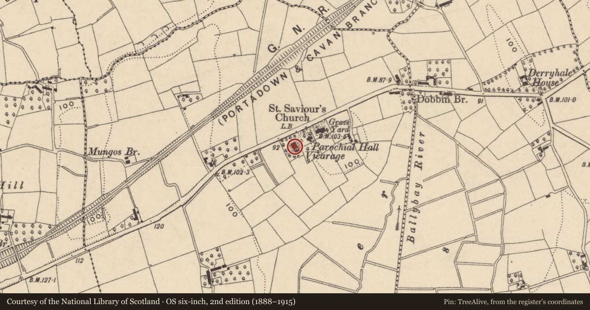 Ordnance Survey six-inch map, 2nd edition (1888–1915) covering the location of Vicarage At St. Saviour'S Church, Armagh City, Banbridge and Craigavon, with a pin at the register's coordinates