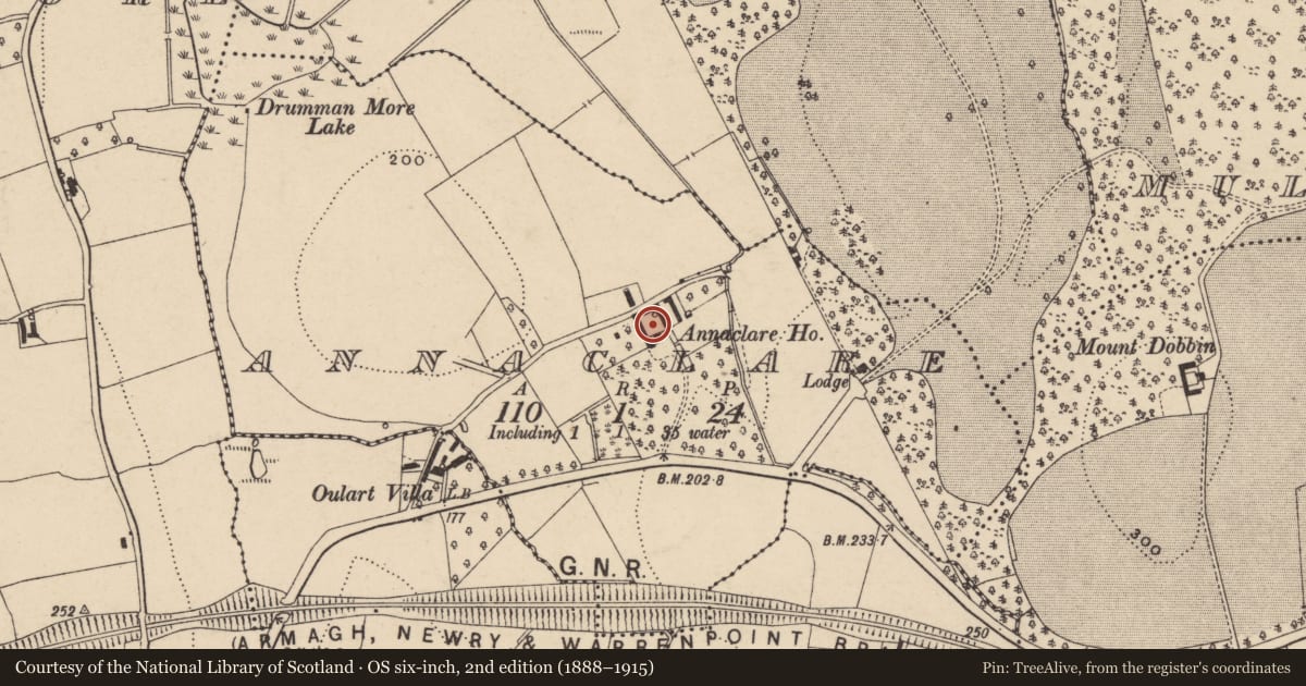 Ordnance Survey six-inch map, 2nd edition (1888–1915) covering the location of Annaclare House, Armagh City, Banbridge and Craigavon, with a pin at the register's coordinates