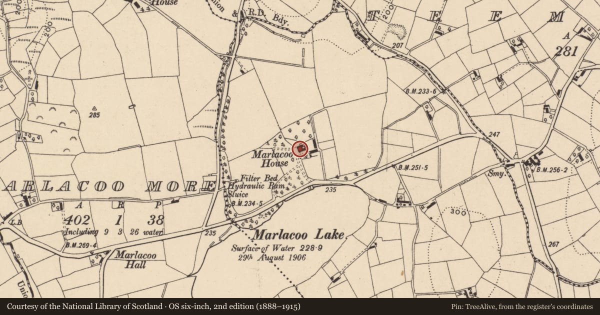 Ordnance Survey six-inch map, 2nd edition (1888–1915) covering the location of Marlacoo House, Armagh City, Banbridge and Craigavon, with a pin at the register's coordinates