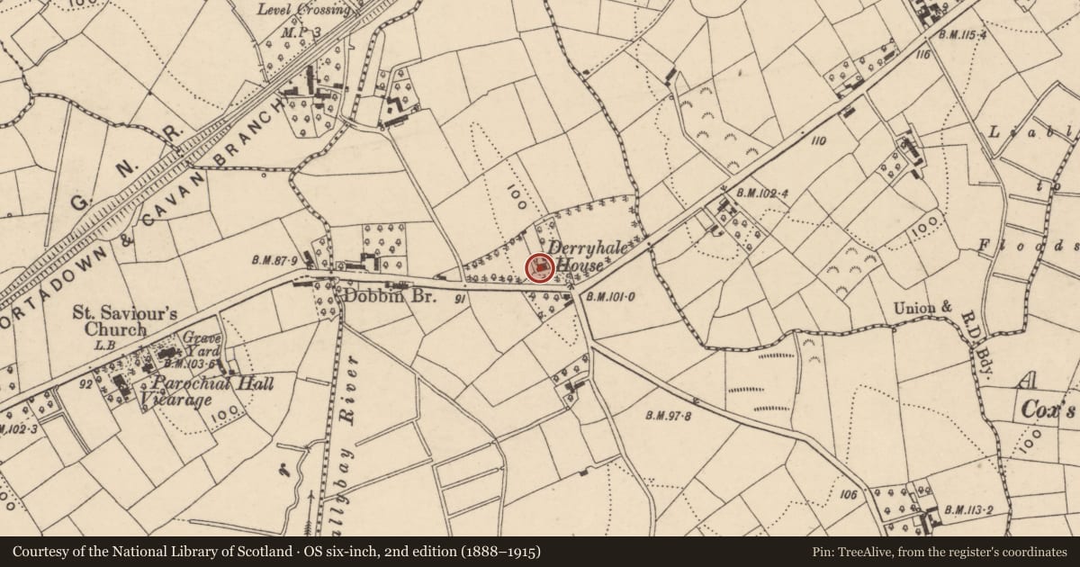 Ordnance Survey six-inch map, 2nd edition (1888–1915) covering the location of Derryhale House, Armagh City, Banbridge and Craigavon, with a pin at the register's coordinates