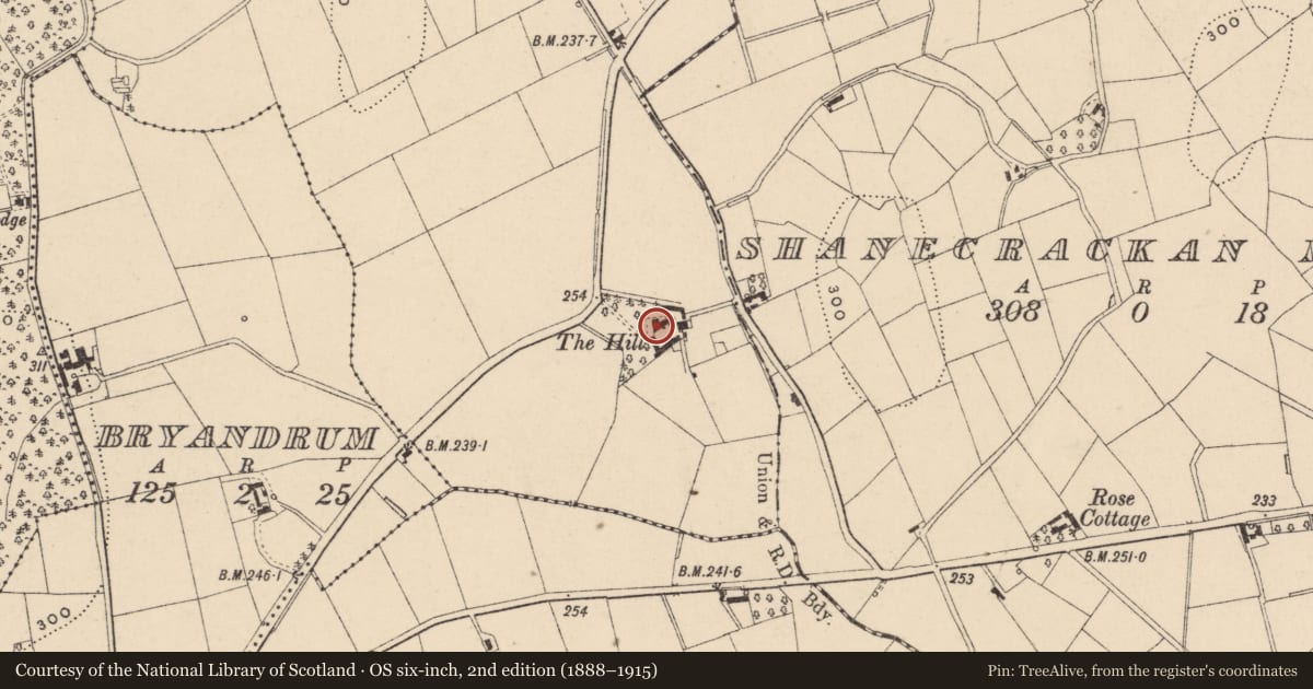 Ordnance Survey six-inch map, 2nd edition (1888–1915) covering the location of The Hill, Armagh City, Banbridge and Craigavon, with a pin at the register's coordinates